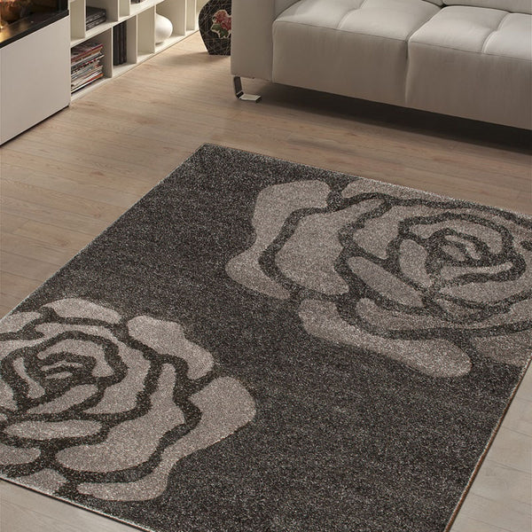 Dark Grey Rose Pattern Delhi Rug